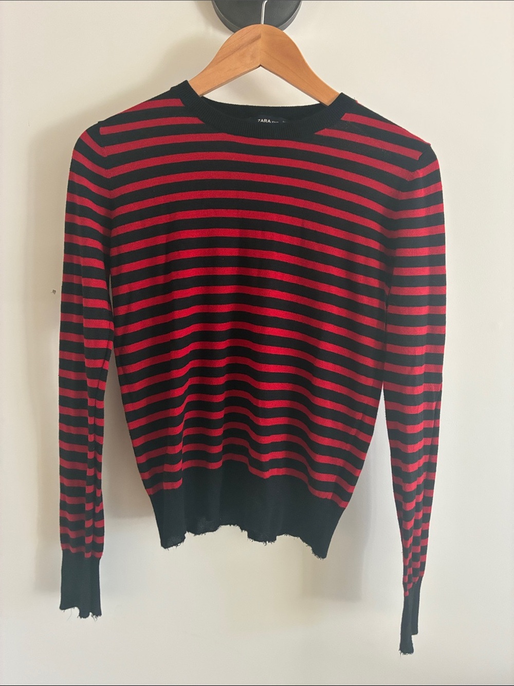 Zara Red and Black Striped Crew Neck Sweater